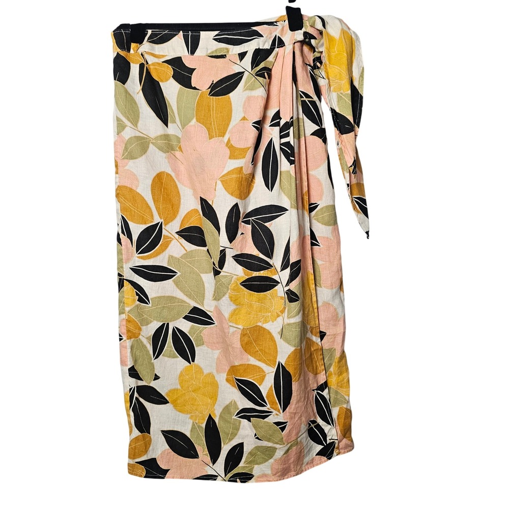 Rachel Zoe Womens 100% Linen Faux Wrap Midi Skirt S Floral Tropical Resort